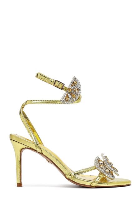 صندل زنانه زرد نگین‌دار پاشنه‌نازک بنددار دری مد