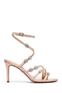 صندل زنانه صورتی متالیک نگین‌دار پاشنه‌نازک بنددار دری مد