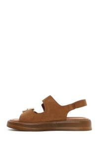 صندل زنانه طوسی چرم و جیر پشت‌باز تخت بندی دری مد