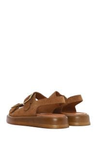 صندل زنانه طوسی چرم و جیر پشت‌باز تخت بندی دری مد