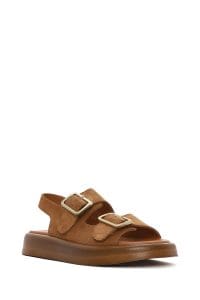 صندل زنانه طوسی چرم و جیر پشت‌باز تخت بندی دری مد