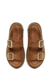 صندل زنانه طوسی چرم و جیر پشت‌باز تخت بندی دری مد