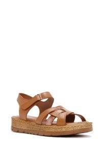 صندل زنانه عسلی بندی چرمی راحتی دری مد