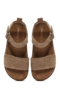 صندل زنانه قهوه‌ای بندی کفی ضخیم جیر دری مد