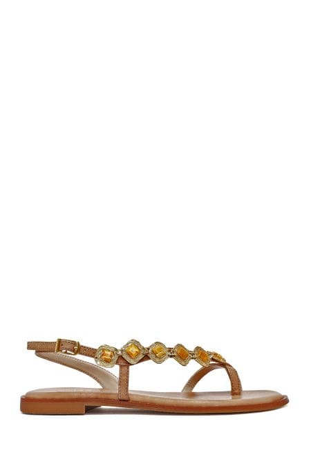 صندل زنانه قهوه‌ای روشن نگین‌دار چرم انگشتی دری مد