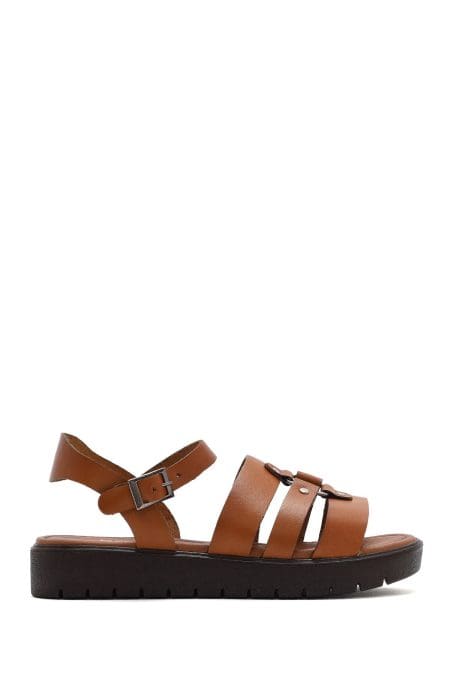 صندل زنانه قهوه‌ای روشن چرم بنددار دری مد