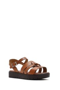 صندل زنانه قهوه‌ای روشن چرم بنددار دری مد