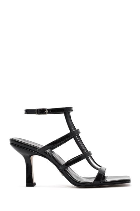 صندل زنانه مشکی براق پاشنه نازک بنددار دری مد