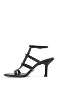 صندل زنانه مشکی براق پاشنه نازک بنددار دری مد