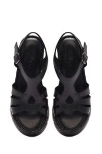 صندل زنانه مشکی بنددار پاشنه لژ راحتی چرم دری مد