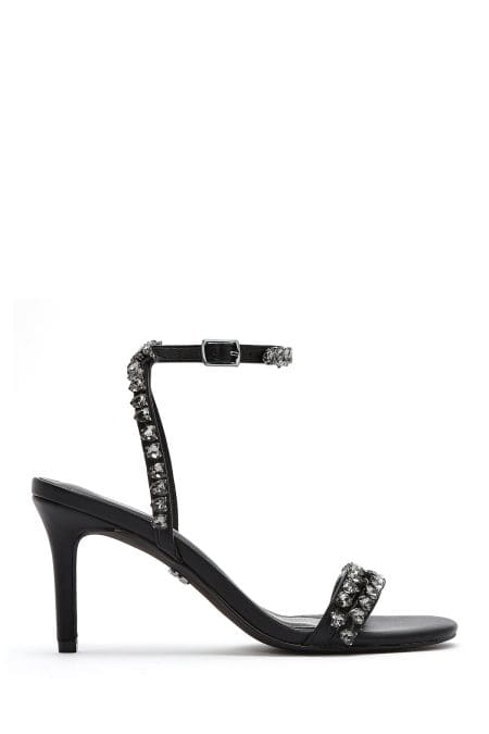 صندل زنانه مشکی بنددار پاشنه نازک نگین‌دار دری مد