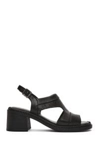 صندل زنانه مشکی بندی پاشنه‌بلند ضخیم چرمی دری مد