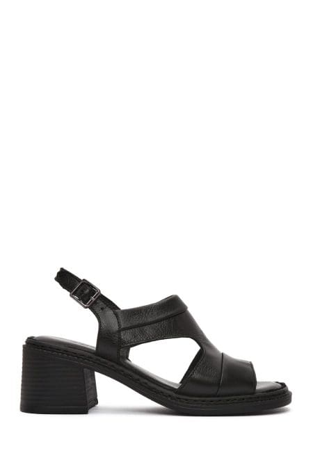 صندل زنانه مشکی بندی پاشنه‌بلند ضخیم چرمی دری مد