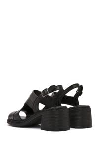 صندل زنانه مشکی بندی پاشنه‌بلند ضخیم چرمی دری مد