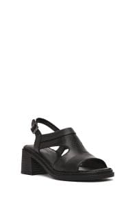 صندل زنانه مشکی بندی پاشنه‌بلند ضخیم چرمی دری مد