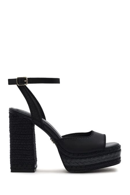 صندل زنانه مشکی پلتفرم پاشنه ضخیم بلند بنددار دری مد