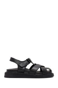 صندل زنانه مشکی چرم تخت بندی دری مد