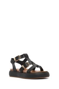 صندل زنانه مشکی چرم سگک‌دار تخت ضخیم دری مد