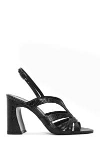 صندل زنانه مشکی چرم طرح‌دار پاشنه‌ضخیم بنددار دری مد