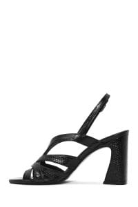 صندل زنانه مشکی چرم طرح‌دار پاشنه‌ضخیم بنددار دری مد