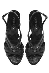 صندل زنانه مشکی چرم طرح‌دار پاشنه‌ضخیم بنددار دری مد