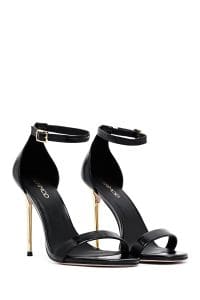 صندل زنانه مشکی چرم متالیک پاشنه‌نازک بلند بنددار دری مد