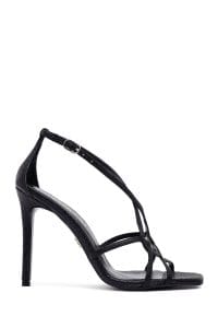 صندل زنانه مشکی چرم متالیک پاشنه‌نازک بنددار دری مد