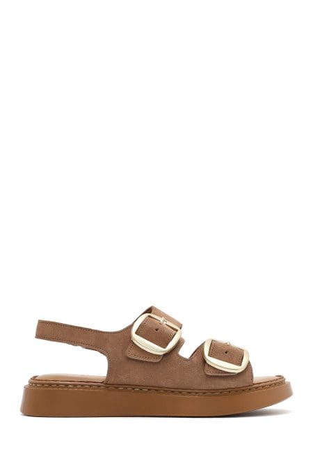 صندل زنانه پودری کفی ضخیم سگک‌دار جیر چرمی راحتی دری مد