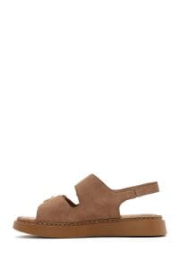 صندل زنانه پودری کفی ضخیم سگک‌دار جیر چرمی راحتی دری مد