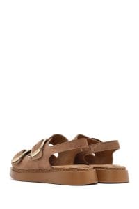 صندل زنانه پودری کفی ضخیم سگک‌دار جیر چرمی راحتی دری مد