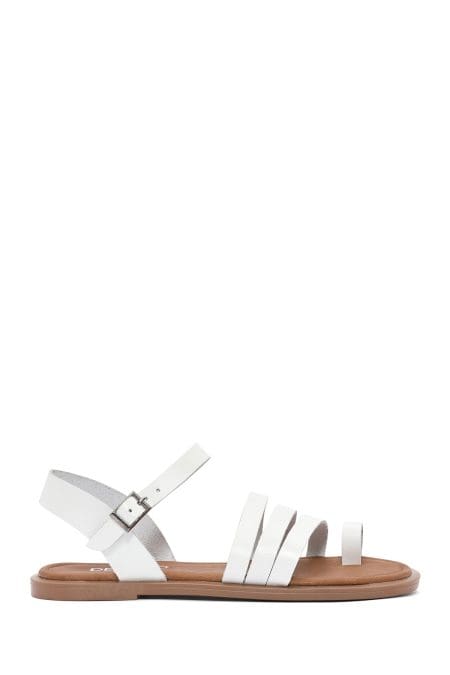 صندل زنانه چرمی سفید انگشتی بندی مدل بدروم دری مد