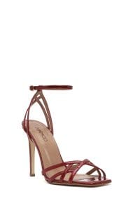 صندل زنانه چرمی قرمز ورنی با پاشنه بلند نازک و بنددار دری مد