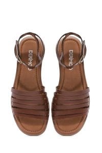 صندل زنانه چرمی قهوه‌ای بندی مدل بدروم دری مد