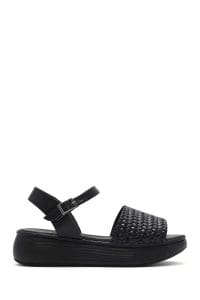 صندل زنانه چرمی مشکی با بند و زیره ضخیم دری مد