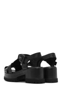 صندل زنانه چرمی مشکی بندی با زیره ضخیم دری مد