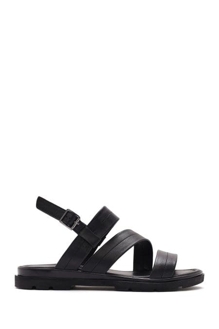 صندل زنانه چرمی مشکی سگک‌دار دری مد