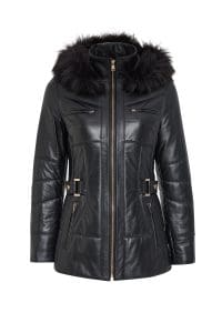 پالتو چرمی زنانه مشکی خزدار کلاه دار Alexandra دری مد