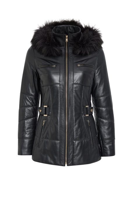 پالتو چرمی زنانه مشکی خزدار کلاه دار Alexandra دری مد