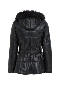 پالتو چرمی زنانه مشکی خزدار کلاه دار Alexandra دری مد