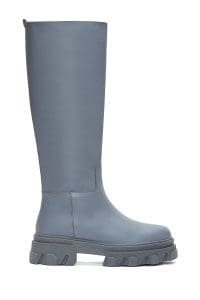 چکمه زنانه چرمی طوسی زیره‌ضخیم دری مد