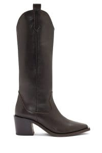 چکمه زنانه چرمی قهوه‌ای کابوی پاشنه‌بلند ضخیم دری مد