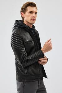 کت چرم کلاهدار مشکی مردانه لیون دری مد