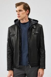 کت چرم کلاهدار مشکی مردانه لیون دری مد