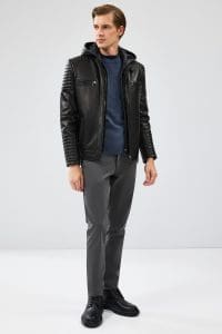 کت چرم کلاهدار مشکی مردانه لیون دری مد