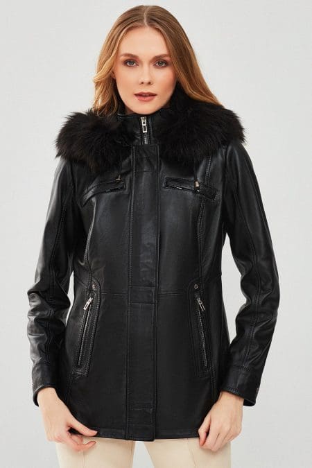 کت چرمی خزدار مشکی زنانه بتی دری مد