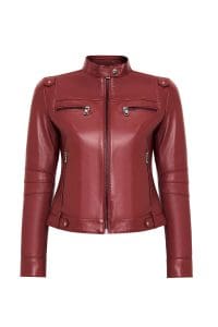 کت چرمی زنانه بورگوندی یقه ایستاده کوتاه Vicky دری مد