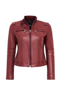 کت چرمی زنانه بورگوندی یقه ایستاده کوتاه Vicky دری مد