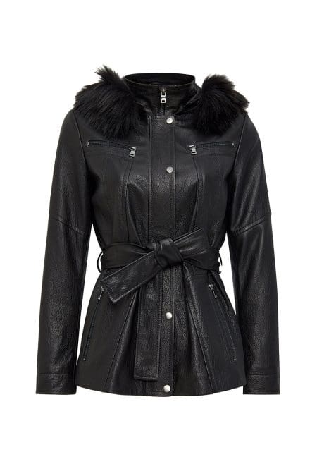 کت چرمی زنانه مشکی یقه خزدار Rebecca دری مد