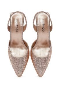 کفش زنانه پشت باز نگین‌دار پاشنه‌دار نازک طلایی دری مد