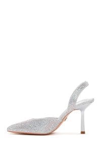 کفش زنانه پشت باز نگین‌دار پاشنه‌دار نازک طوسی دری مد